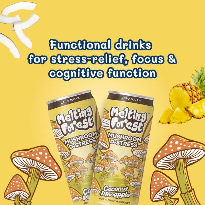 Melting Forest – wholesale Sparkling water – Mushroom Drink | Stress Relief | Coconut Pineapple | 12-pk