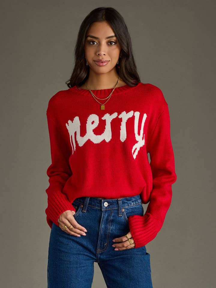 Red & White Merry Sweater for wholesale by Panache Apparel Co.
