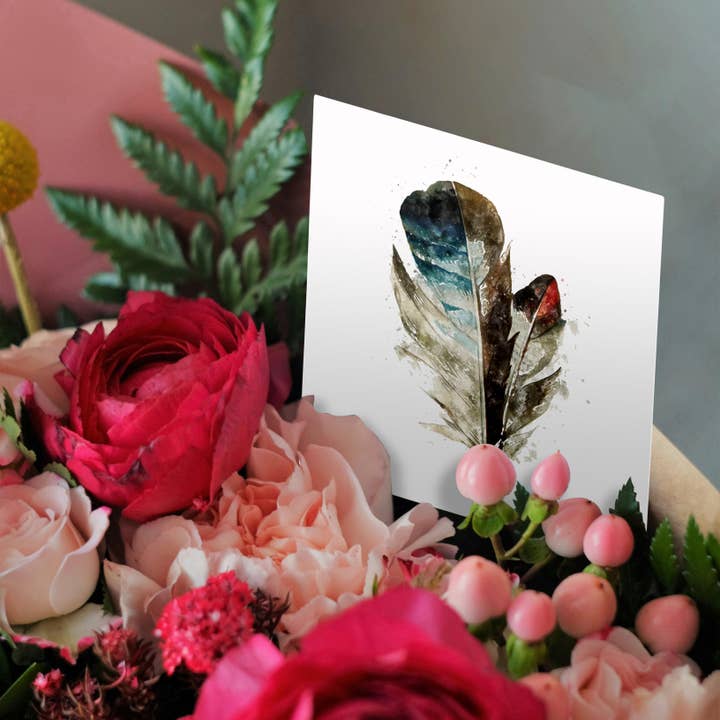 3dRose – wholesale Everyday greeting card – 3dRose, Blue, Brown, and Red, Watercolor Feather with Splatter, Greeting Card2