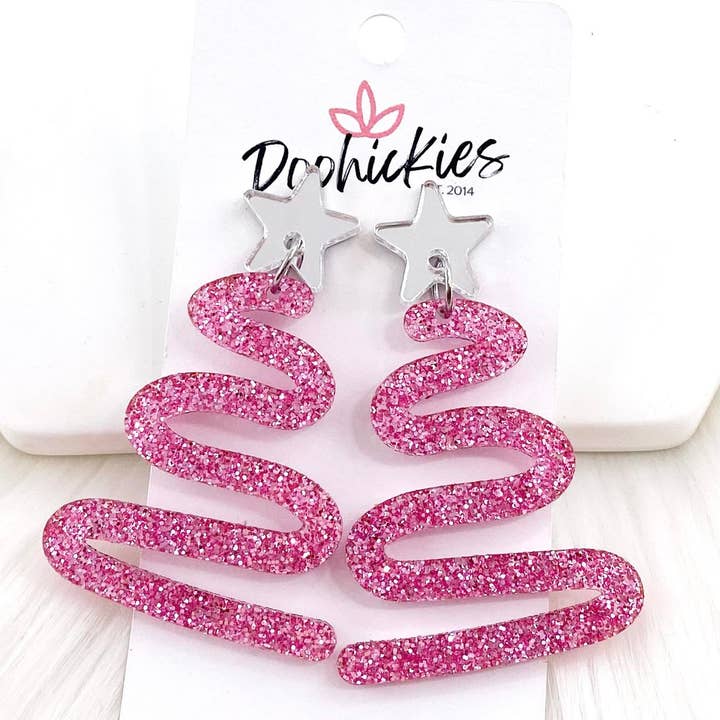 2.5" Pink Glitter Curvy Tree Dangles - Christmas Acrylic Earrings for wholesale by Doohickies