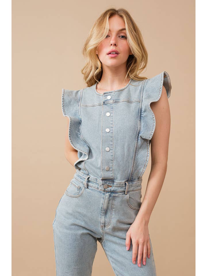 Blue B - Wholesale Jumpsuit - Women's - 22646R - Ruffle SLV Button Up Bell Bottom Denim Jumpsuit