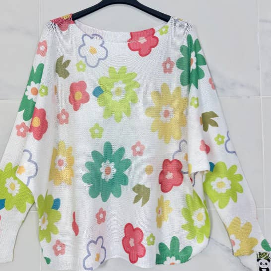 239 Multi Floral Daisy Round Knit Printed Sweater LOOWIE for wholesale by LOOWIE