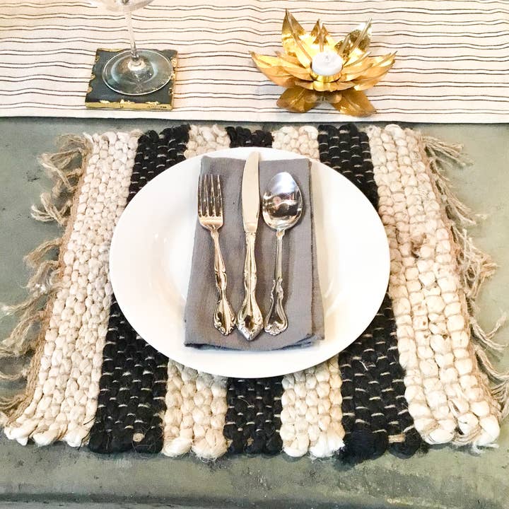 India Handicrafts Inc - Wholesale Placemat - Striped Jute Placemat with Fringe