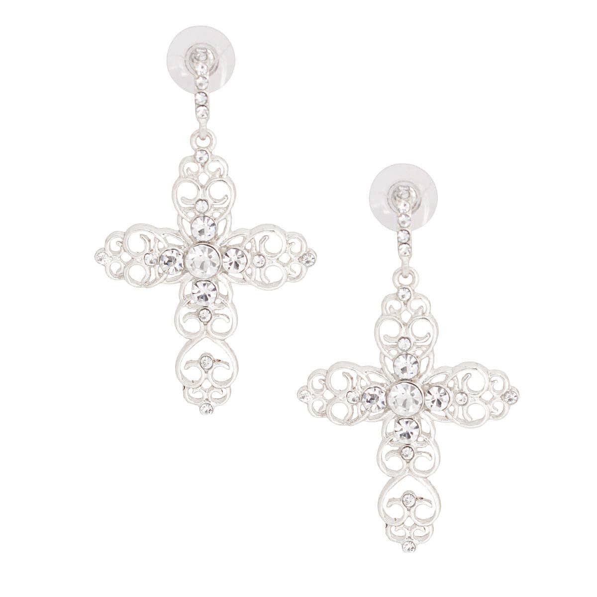 Clear Silver Filigree Cross Earrings for wholesale on Faire1