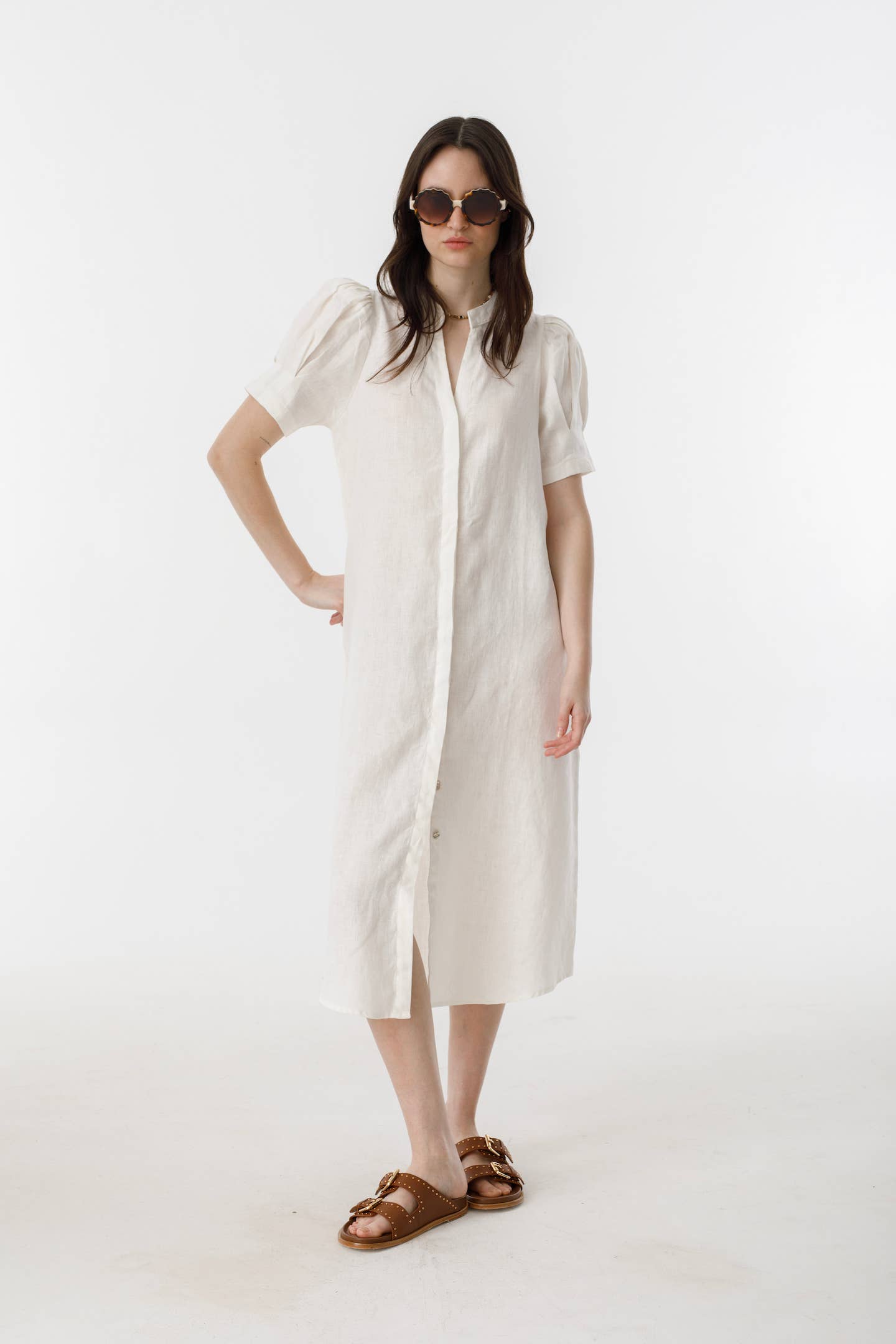 Athina Midi Linen Dress - White for wholesale on Faire1