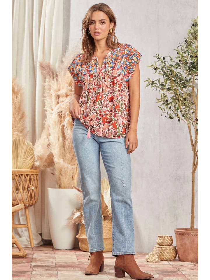 IVORY RUST Round Neck Printed Babydoll Top T12940-2 for wholesale on Faire