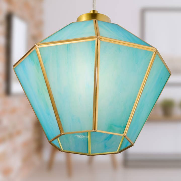 10"W Bouvier Green Stained Glass & Metal Pendant for wholesale by River of Goods