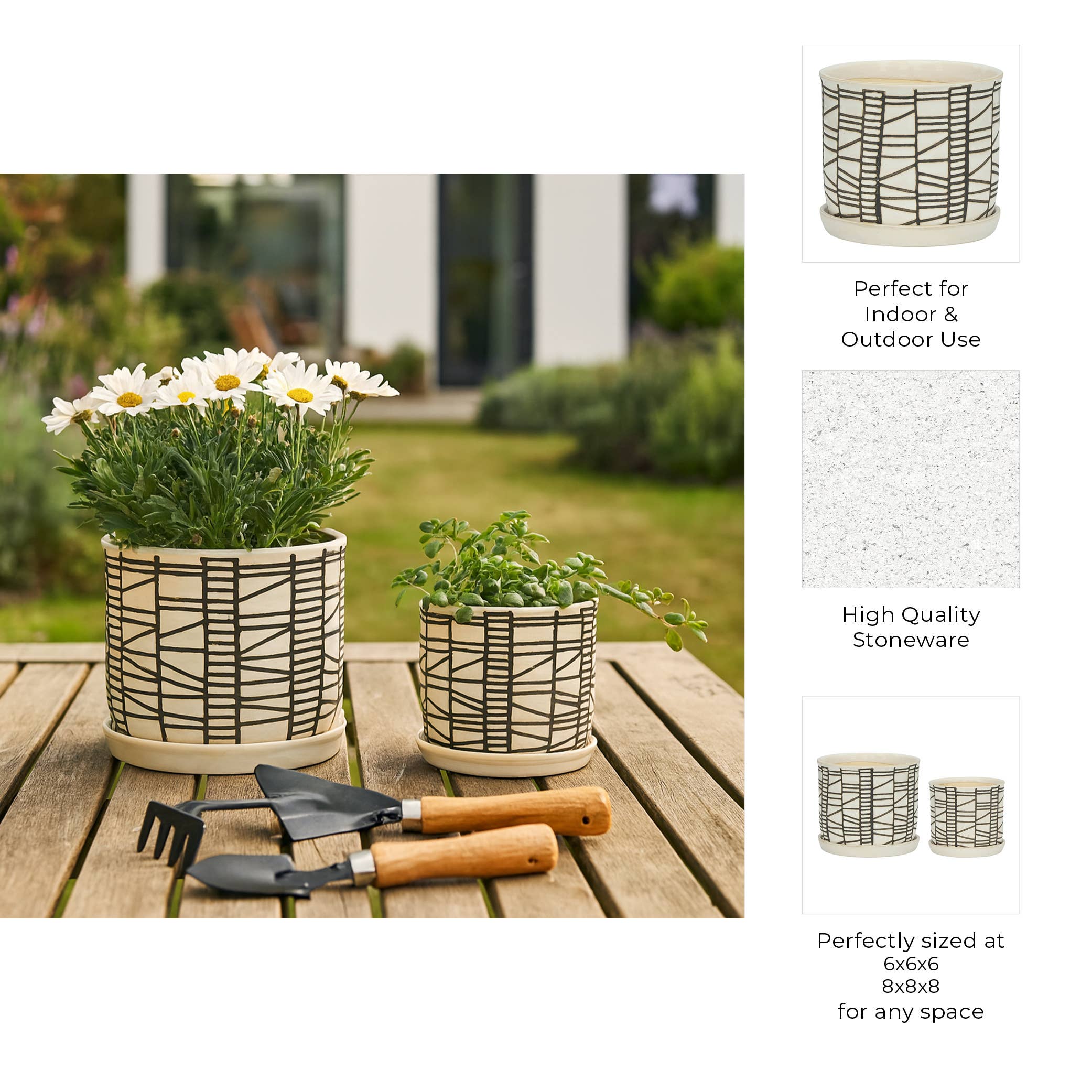 Sagebrook Home - Wholesale Plant Pot - Planters Set of 2 - Beige Ceramic Geometric Saucer, 6/8 in.4
