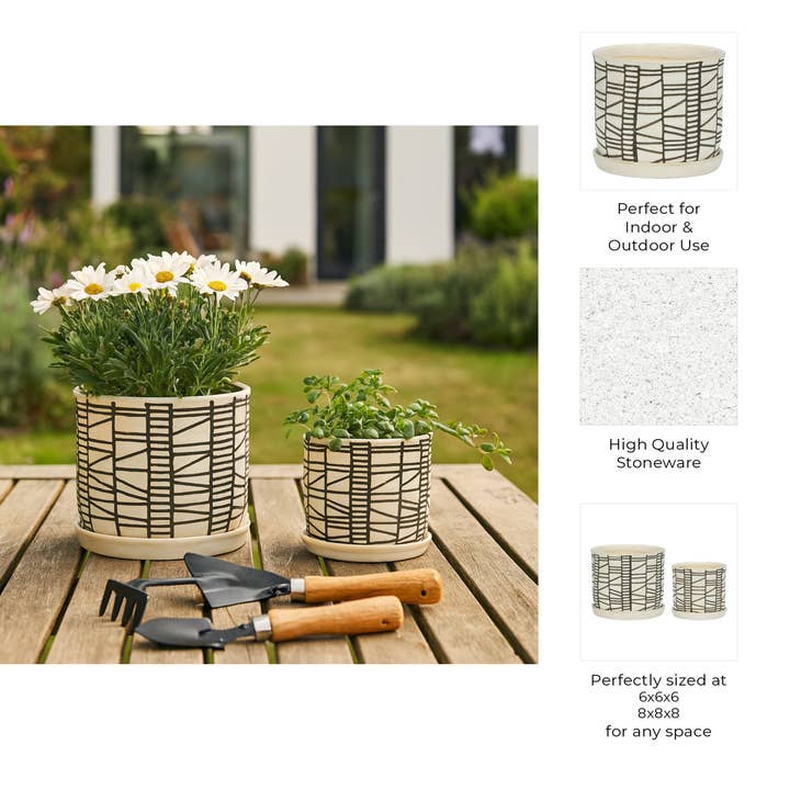 Sagebrook Home - Wholesale Plant Pot - Planters Set of 2 - Beige Ceramic Geometric Saucer, 6/8 in.4