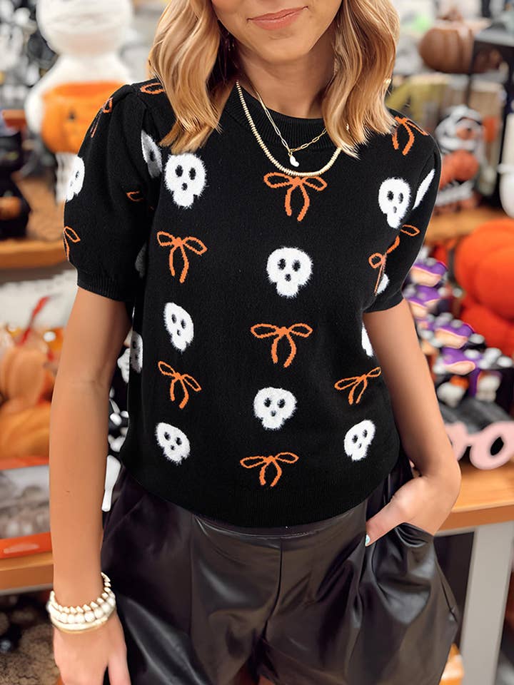 Black Short Puff Sleeve Bow Knot Plush Skeleton Halloween Sweater for wholesale by Lovesoft