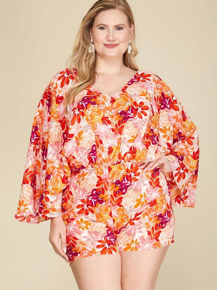 Oranje bloemenprint kimono mouw plus size romper voor wholesale door Stylish Wholesale