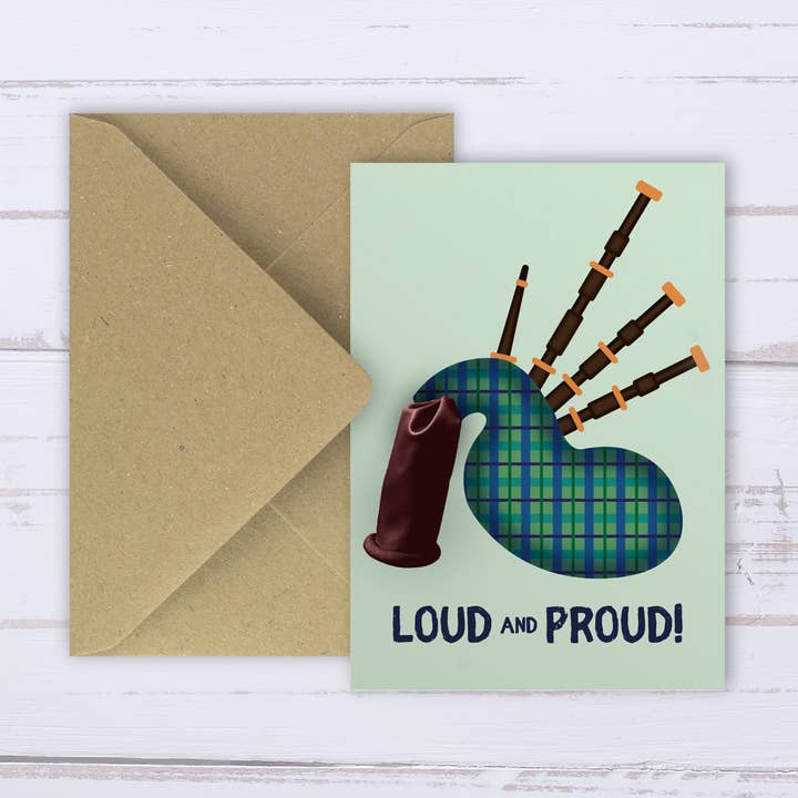 Scottish Bagpipes greeting card with natural latex balloon for wholesale by Designed by Islay