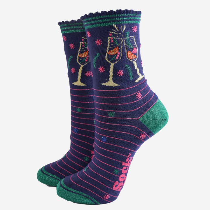 Sock Talk - Wholesale Socks - Women's - Women's Bamboo Socks - Navy/Green, Prosecco Cocktail Glasses