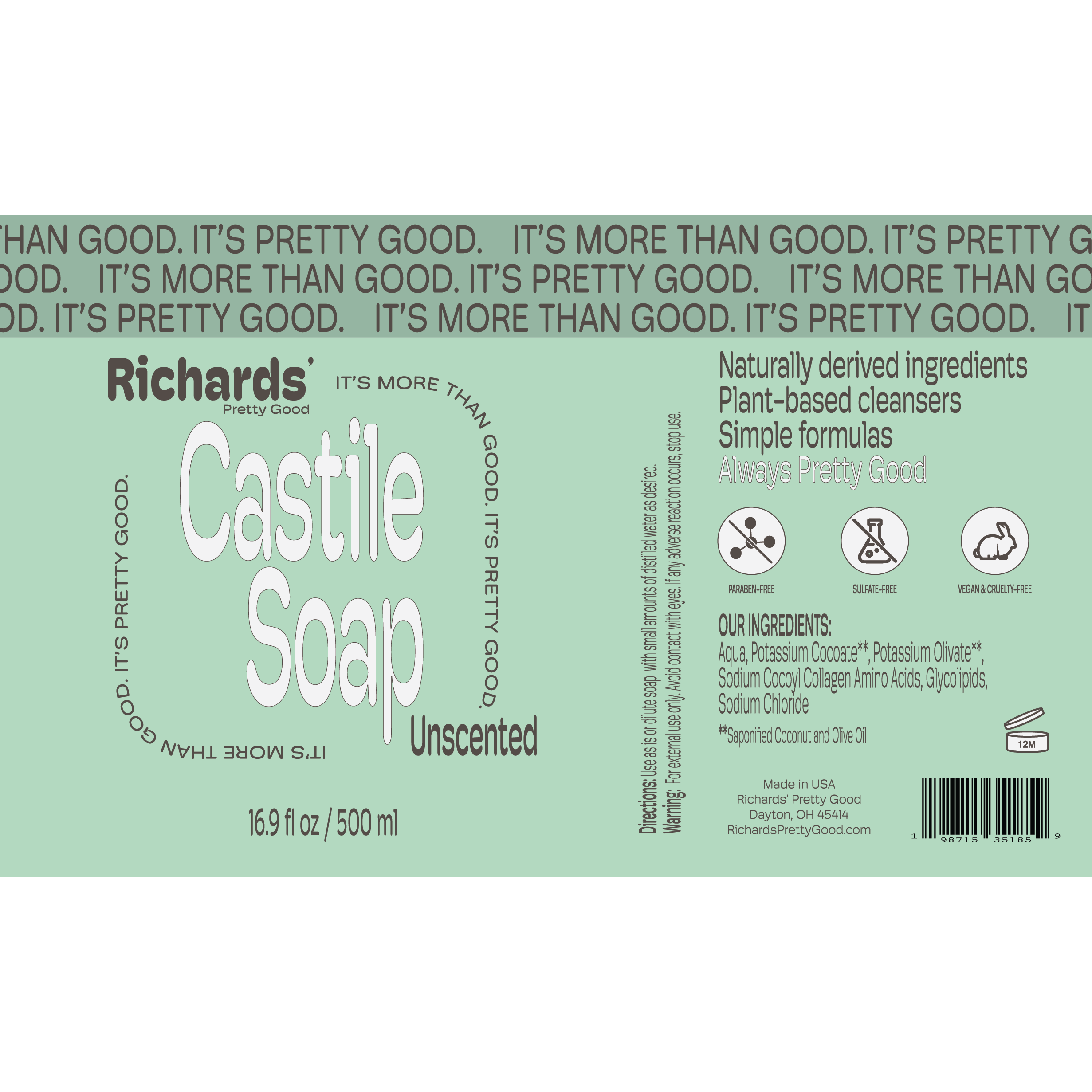 Richards' Pretty Good - Wholesale Body Wash/Shower Gel - Castile Soap - Unscented - 500 ml2