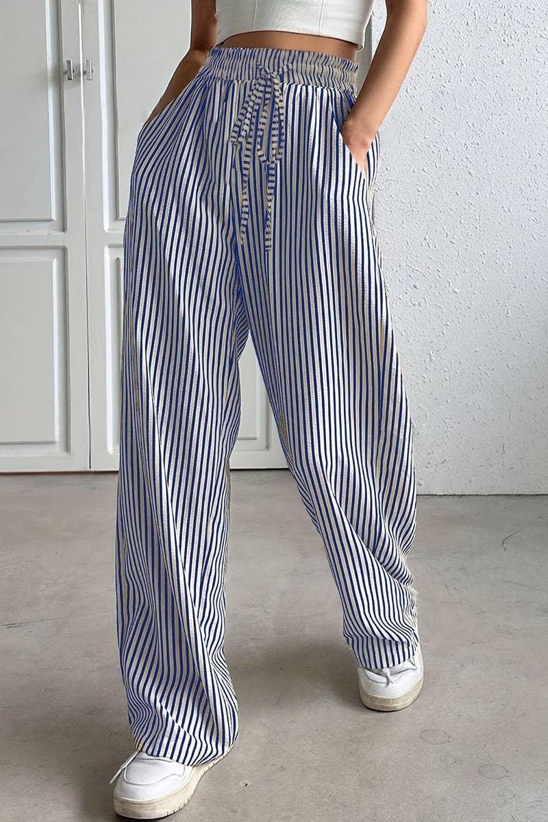NINEXIS - Wholesale Pants - Women's - CWBLP01217_STRIPED DRAWSTRING WIDE LEG CASUAL PANTS1