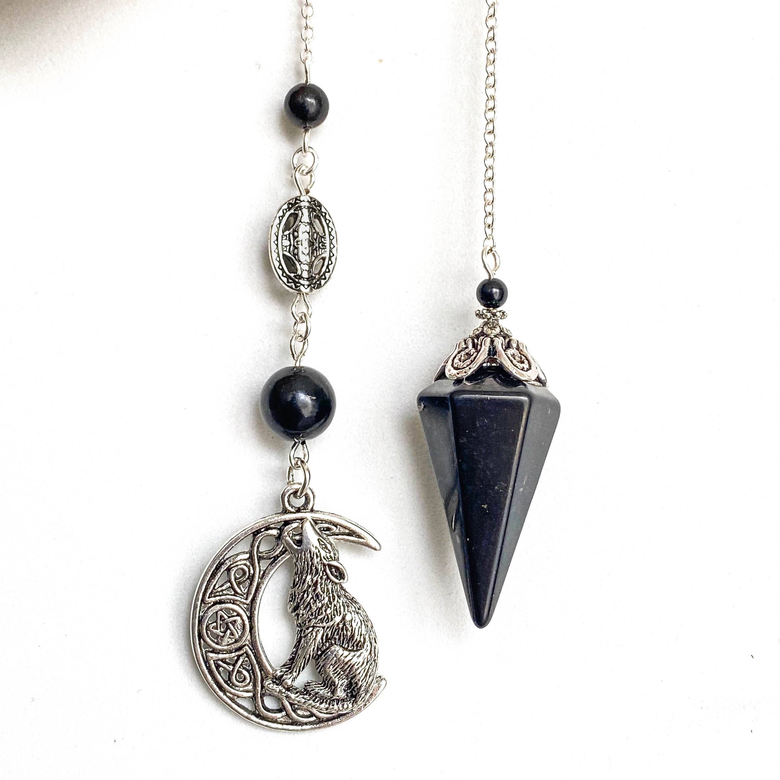 Glorious Healing Crystals - Venta al por mayor Artículo de meditación - Péndulo de shungita con lobo aullando en luna celta, péndulo5