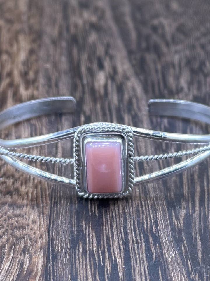 Navajo Handmade Sterling Silver Pink Conch Rectangular Bracelet By Peggy Skeets for wholesale by Native City Jewelry