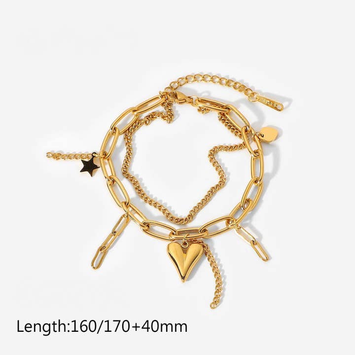 Mio Queena - Wholesale Charm/Dangle Bracelet - Star Heart Charm 18K Gold Plated Double Chain Bracelet - FGS