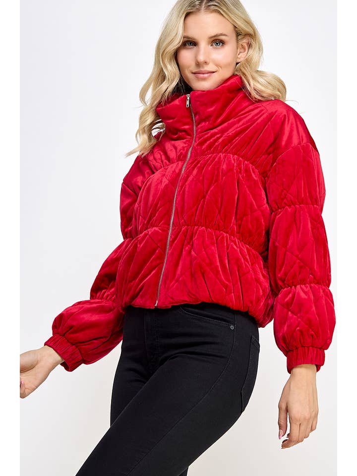 Sweet Lemon - Wholesale Puffer Jacket - Women's - VELVET TEXTURED QUILTED PUFFER JACKET