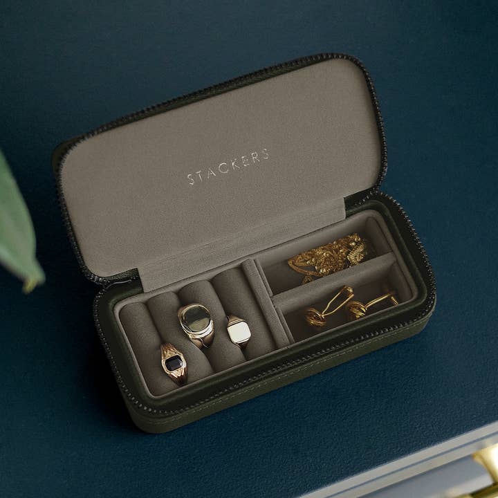 Stackers – wholesale Jewellery box/organiser – Olive Green Medium Zipped Travel Jewellery Box1