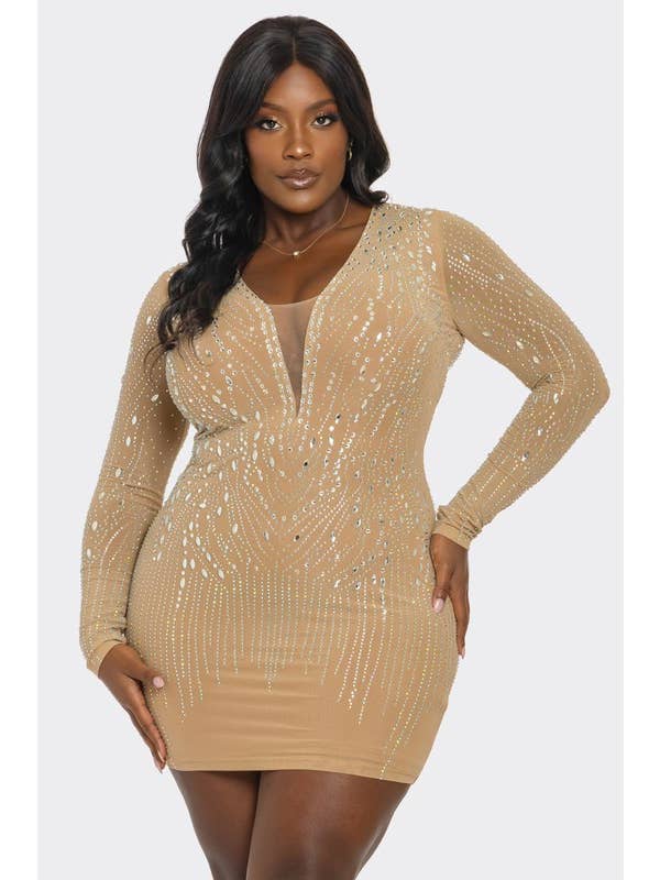 Desnudo Vestido ajustado con adornos de pedrería talla grande BCCDS63053 de venta al por mayor en Faire