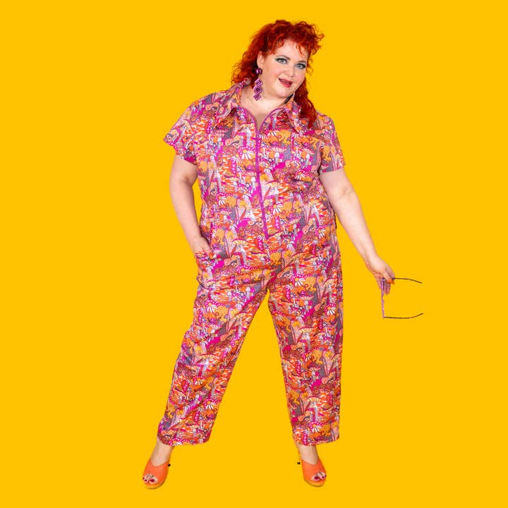 Groovy Mushroom & Snail Jumpsuit in Sunset for wholesale by Blue Platypus