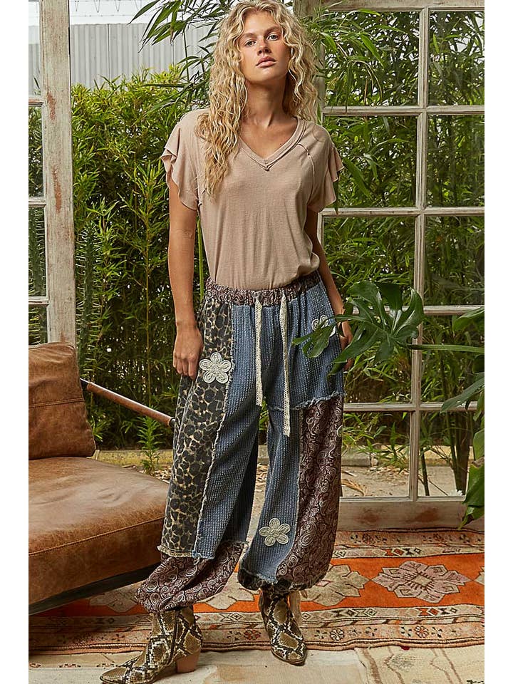 Pol Clothing - Wholesale Pants - Women's - Crochet patch detail contrast patchwork printed woven pants45