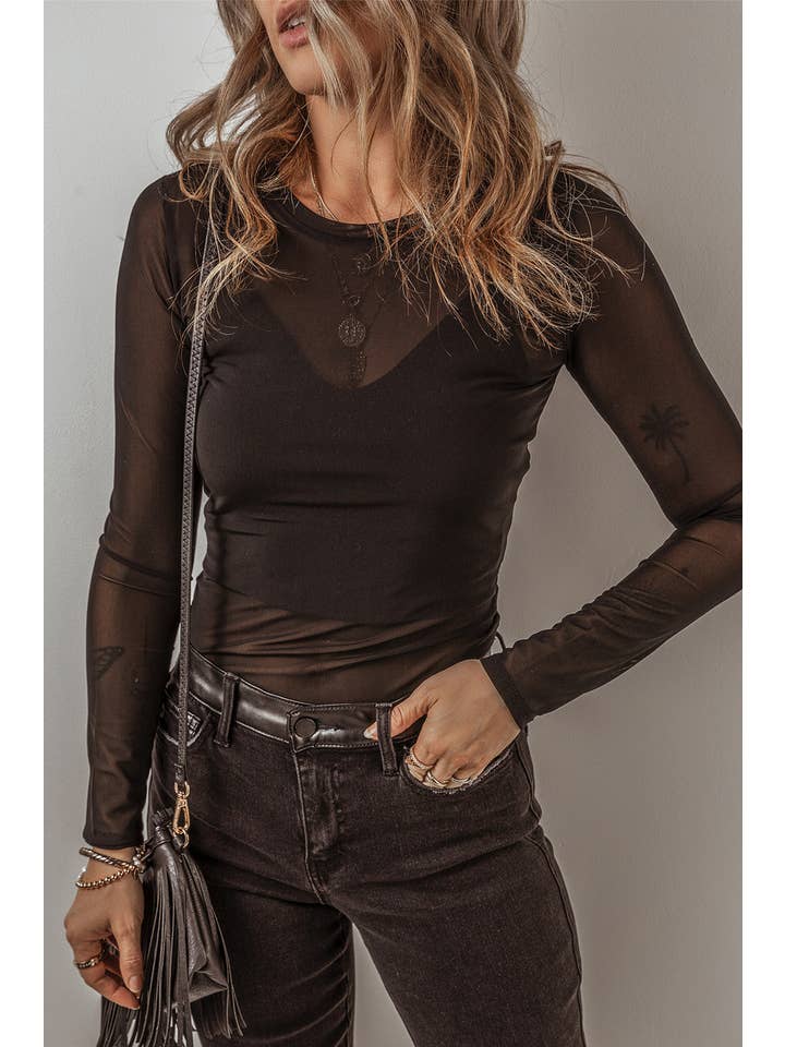 Black Solid Mesh Long Sleeve Bodysuit for wholesale on Faire