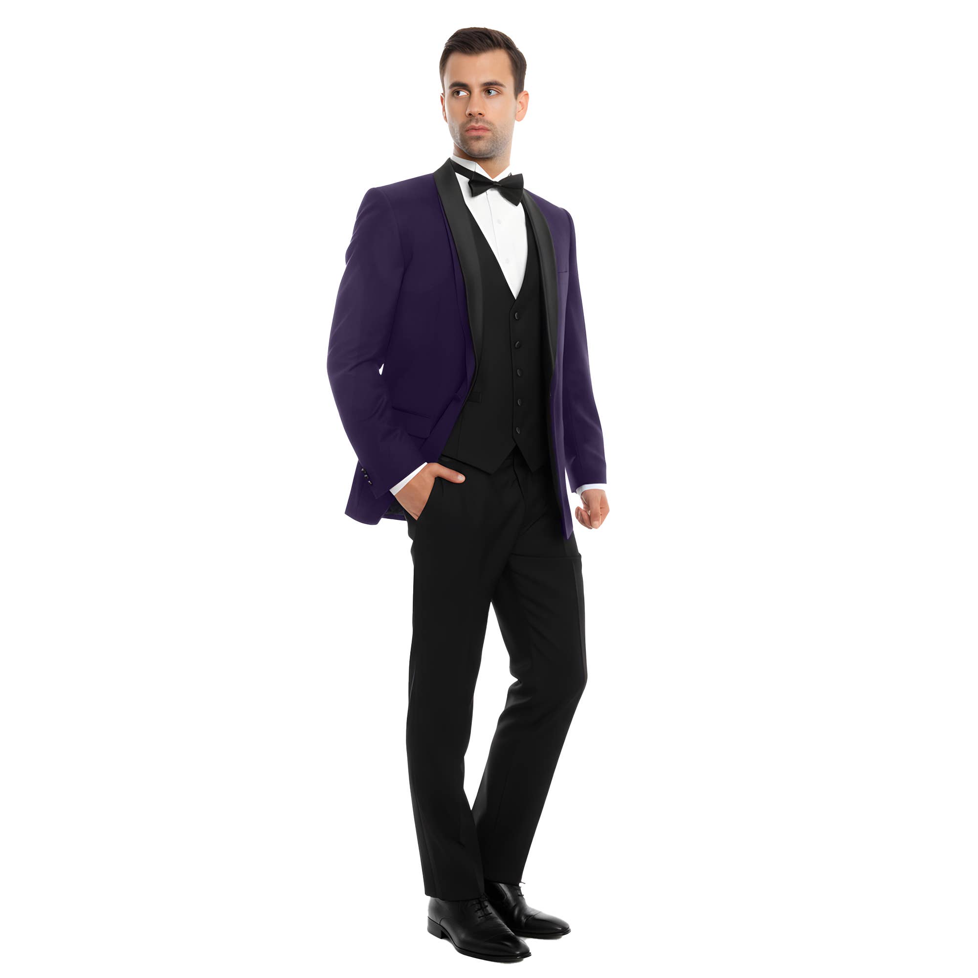 Bryan Michaels 3pc Slim Shawl Collar Vested Tuxedo, Purple for wholesale on Faire0