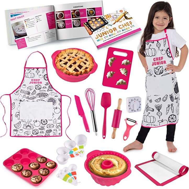 Baketivity Kids Cooking Set Real Utensils With Kitchen Tool Guide -  Complete Junior Cooking Set Gift For Girls Or Boys With Mixing Bowls,  Cutting