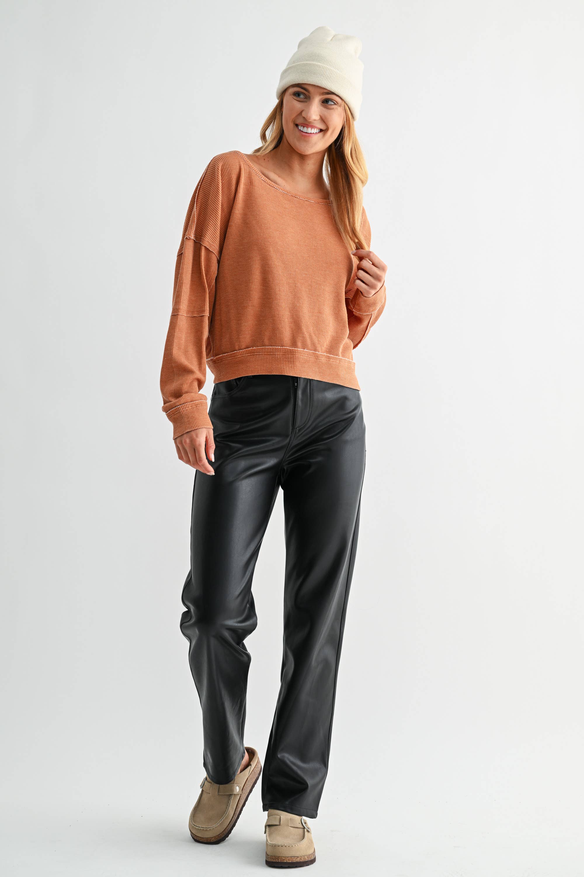 Mono B - Wholesale Sweatshirt - Women's - Raw Edge Waffle Knit Boatneck Pullover27