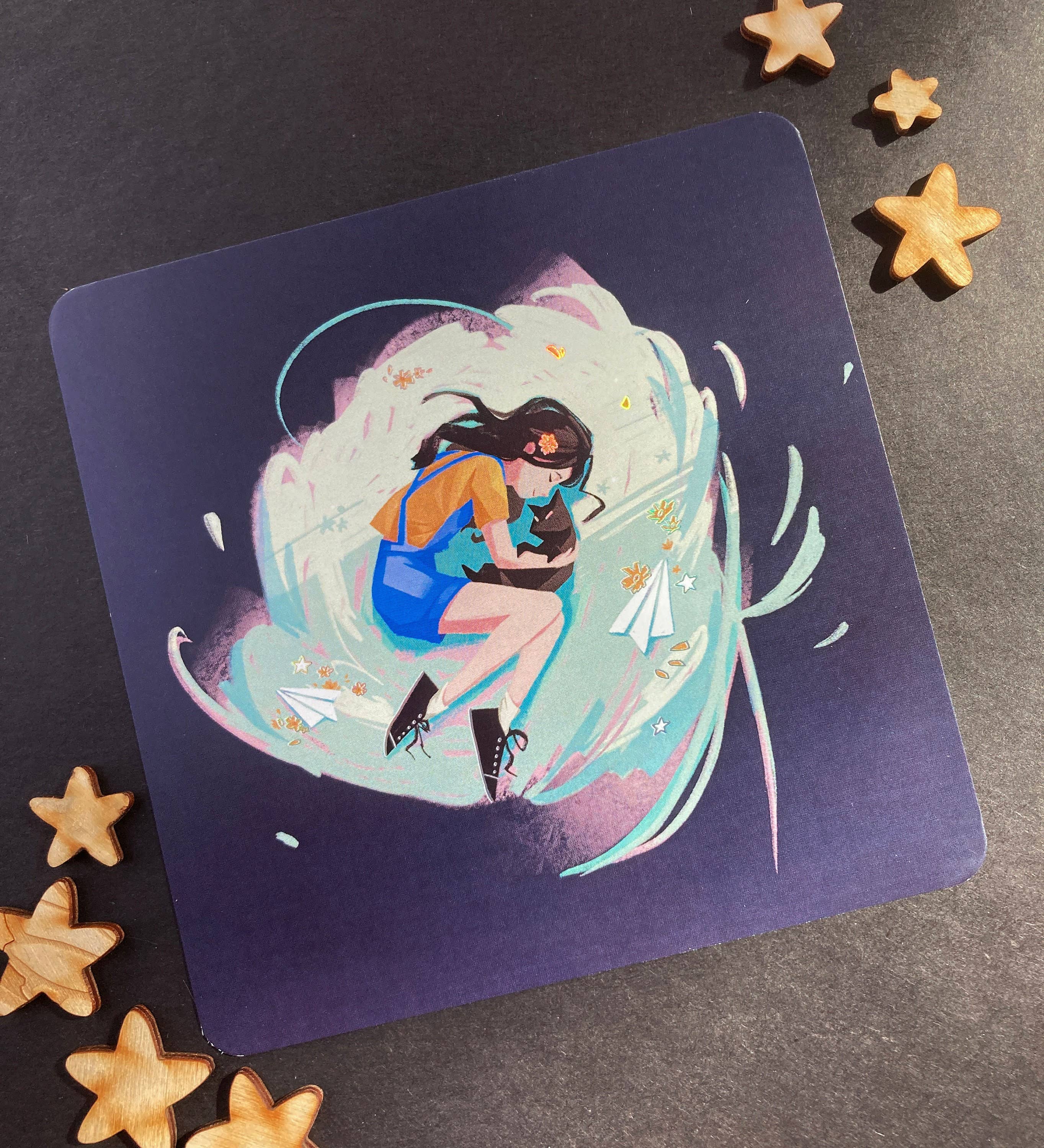 Sang Lam Art - Wholesale Art Print - Iridescent Foil Girl And Black Cat Small Print 5X5"1