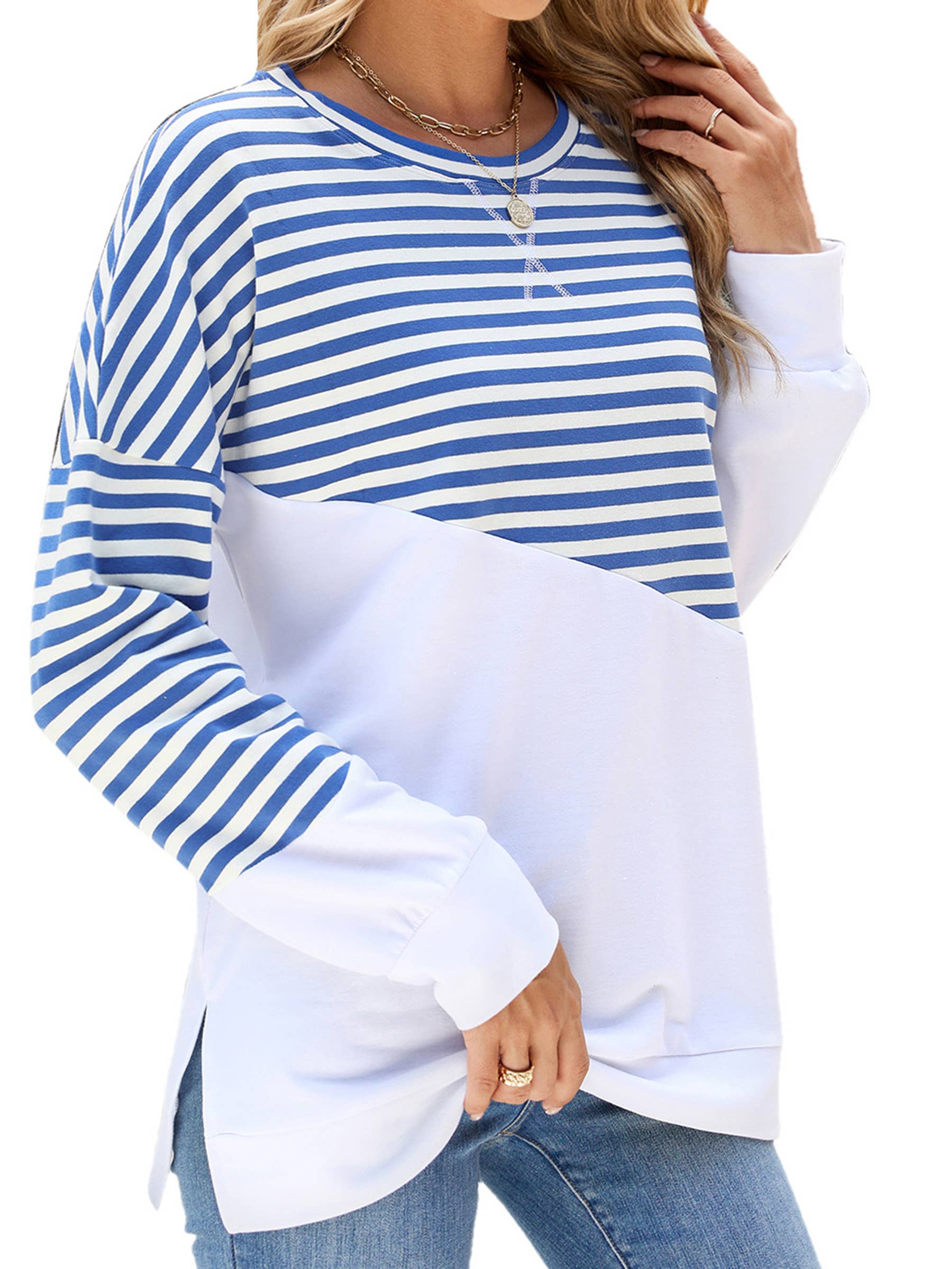 Wholesalesir - Wholesale Hoodie - Women's - Solid Round Neck Contrasting Striped Long Sleeved Hoodie2