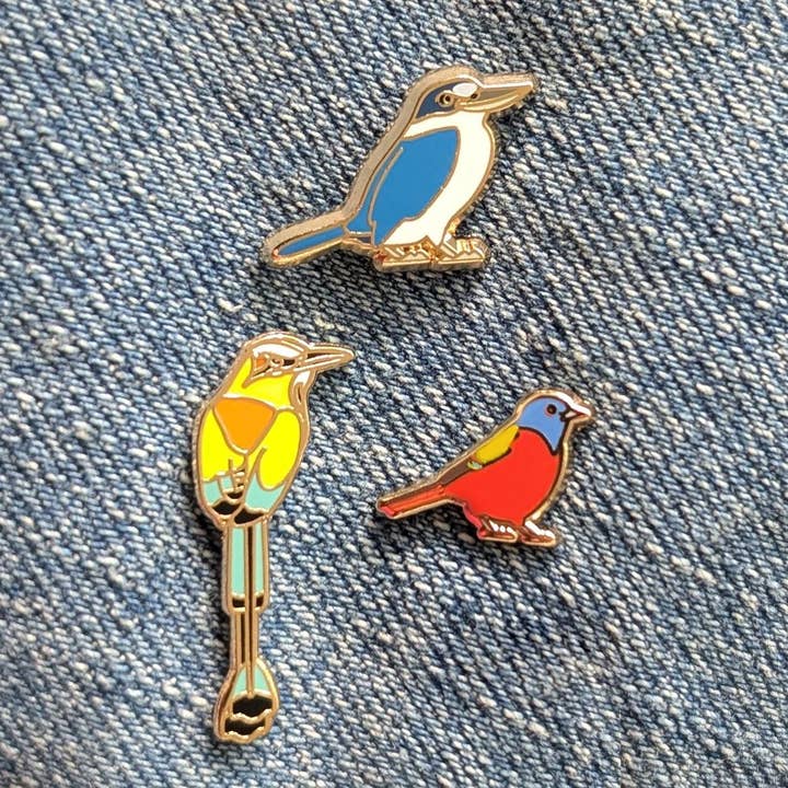 Travel Bird Mini Pins - Bunting, MotMot, Kingfisher for wholesale by Brylliant Design LLC