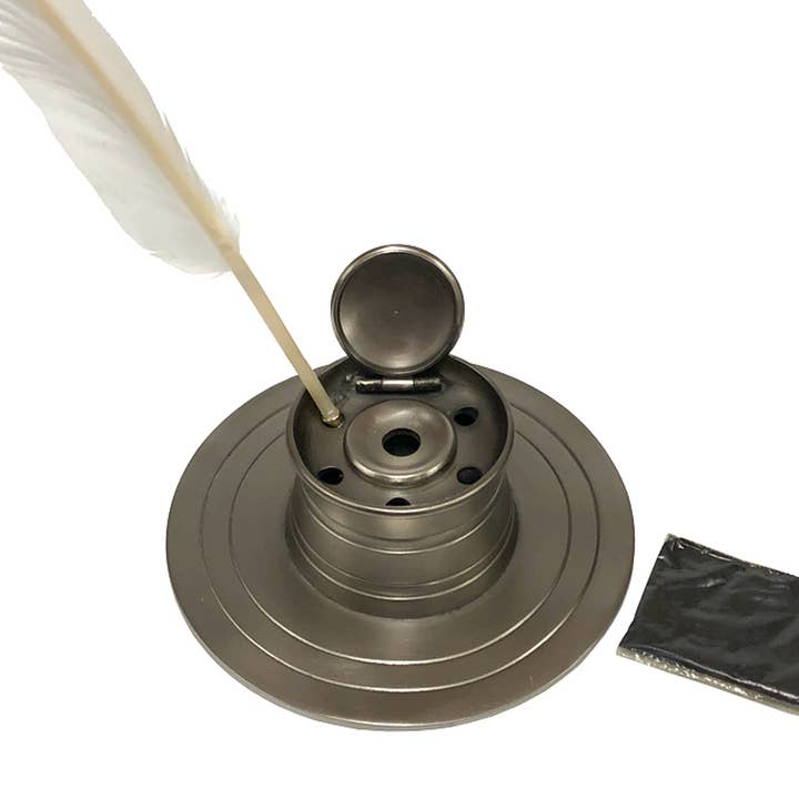 Madison Bay Co. - Historical Home Decor Reproductions - Wholesale Writing Ink - 7" Extra Wide Base Pewter-Plated Inkwell with Quill
