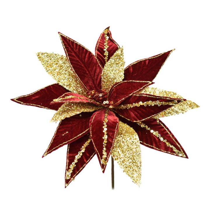 David Christopher's Collection - Wholesale Christmas Decoration - 20" Velvet / Seq. Mixed Poinsettia Stem - Burgandy