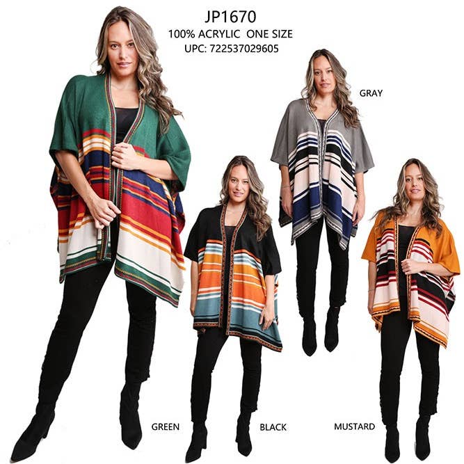 Hana - Wholesale Wrap - Women's - Colorful Striped Warm Knit Ruana Shawl Wrap