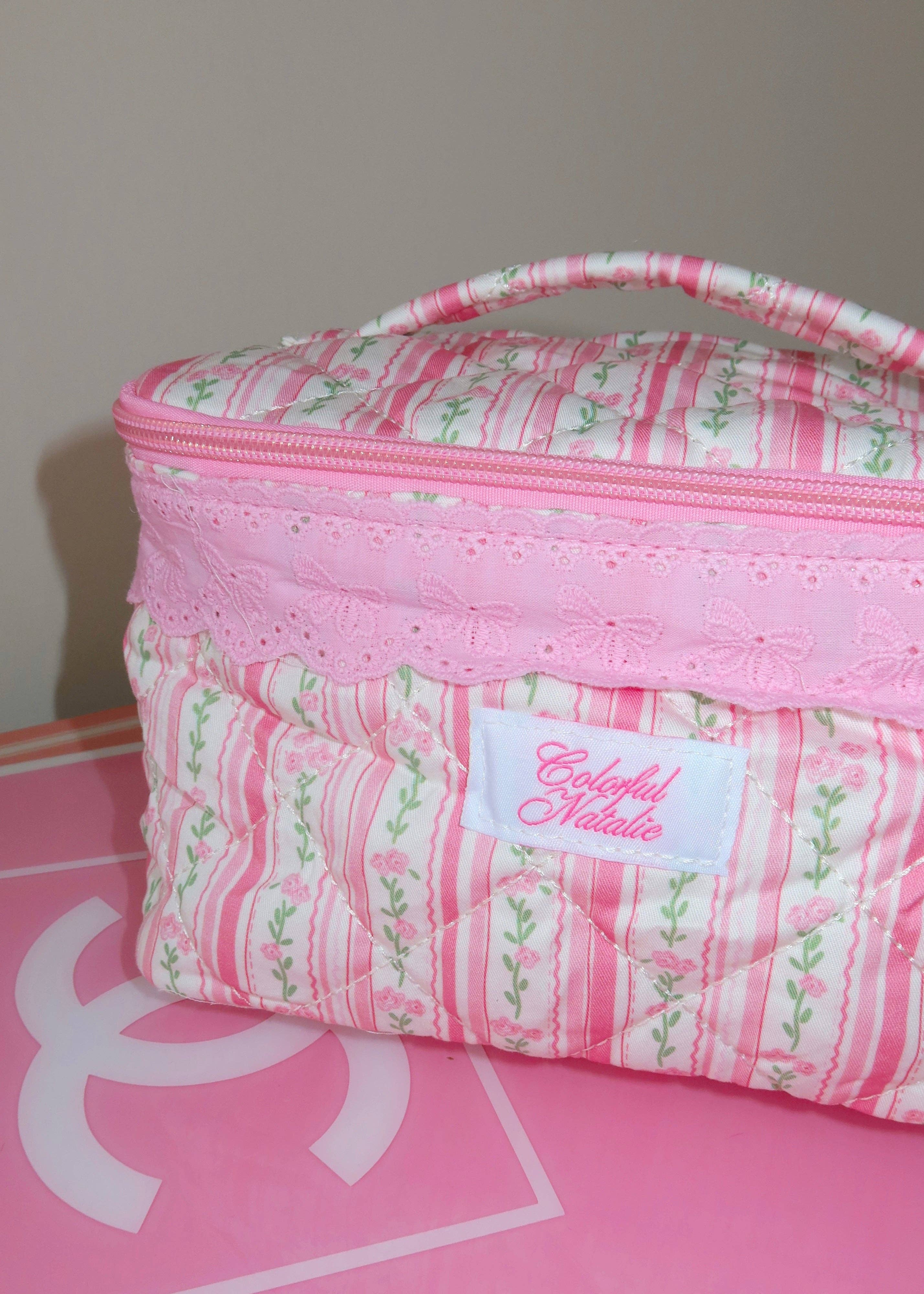 Colorful Natalie - Wholesale Makeup/Cosmetic Bag - Flowers and Stripes Handle Makeup Bag3