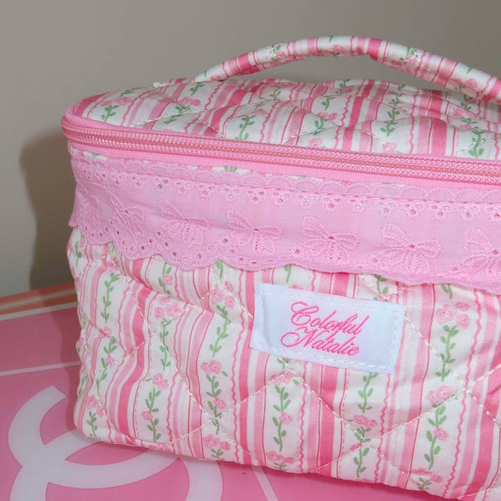 Colorful Natalie - Wholesale Makeup/Cosmetic Bag - Flowers and Stripes Handle Makeup Bag3