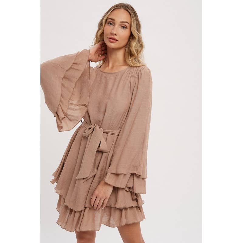 Pink Irene Wholesale - Wholesale Dress - Women's - LONG BELL SEEVE SELF TIE RUFFLE HEM SOLID DRESS5