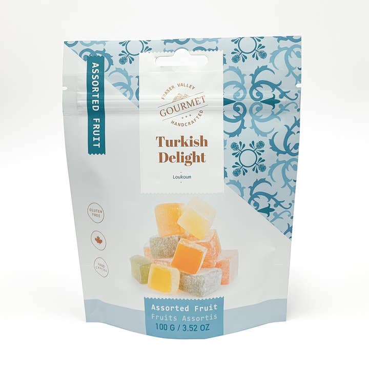 Turkish Delight Assorted Fruit 100g bags for wholesale by Fraser Valley Gourmet Ltd.
