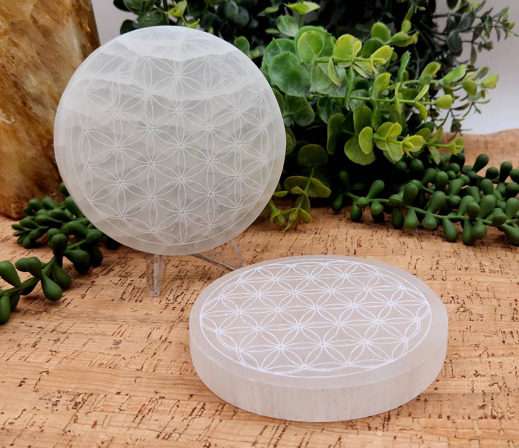 Meraki Gemstones - Wholesale Spirituele steen/kristal - Ronde opladingsplaat/onderzetter van seleniet - Gebeitst met Levensbloem, 8 cm1