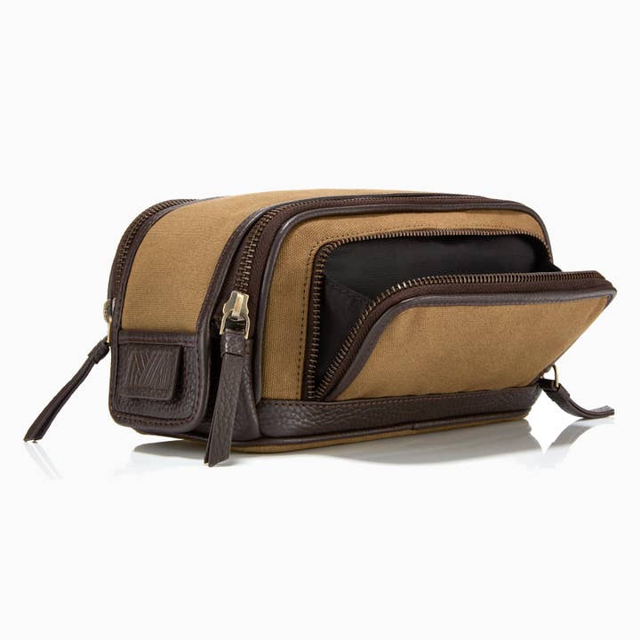 Gaucho Aztec Duo Zip Toiletry Wash Bag, Khaki Canvas for wholesale by Mantidy