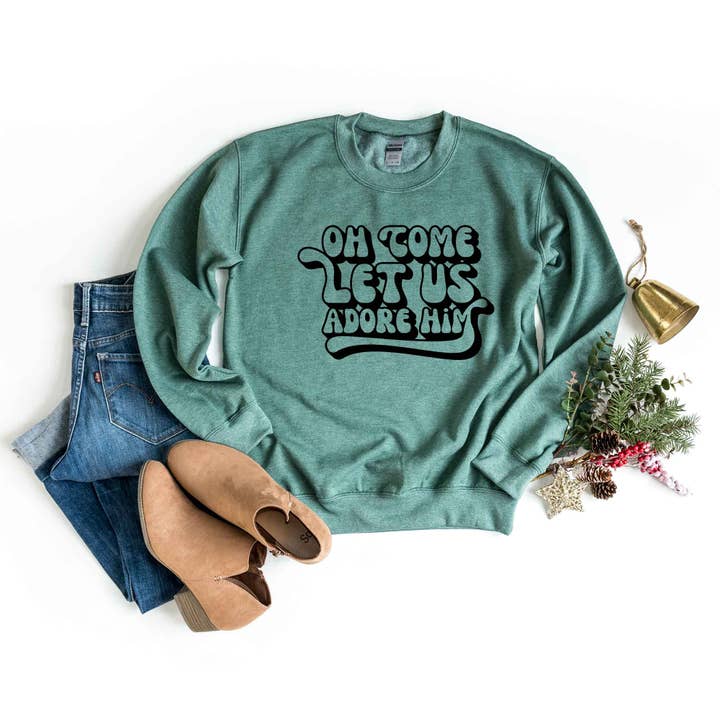 Oh Come Let Us Adore Him Retro | Sweatshirt | Christmas for wholesale by Uplifting Threads Co Wholesale