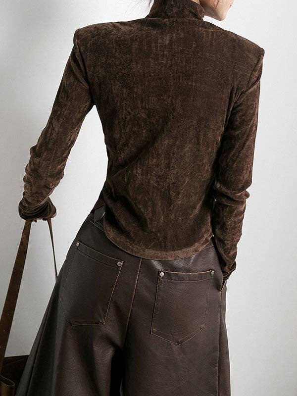 Sheer Trend - Venta al por mayor Blusa - Mujer - Camisetas de cuello alto y bajo de terciopelo de color liso con abertura en la parte delantera8