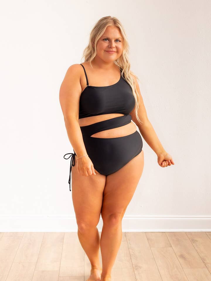 Black one piece side cut out swimwear for wholesale on Faire0