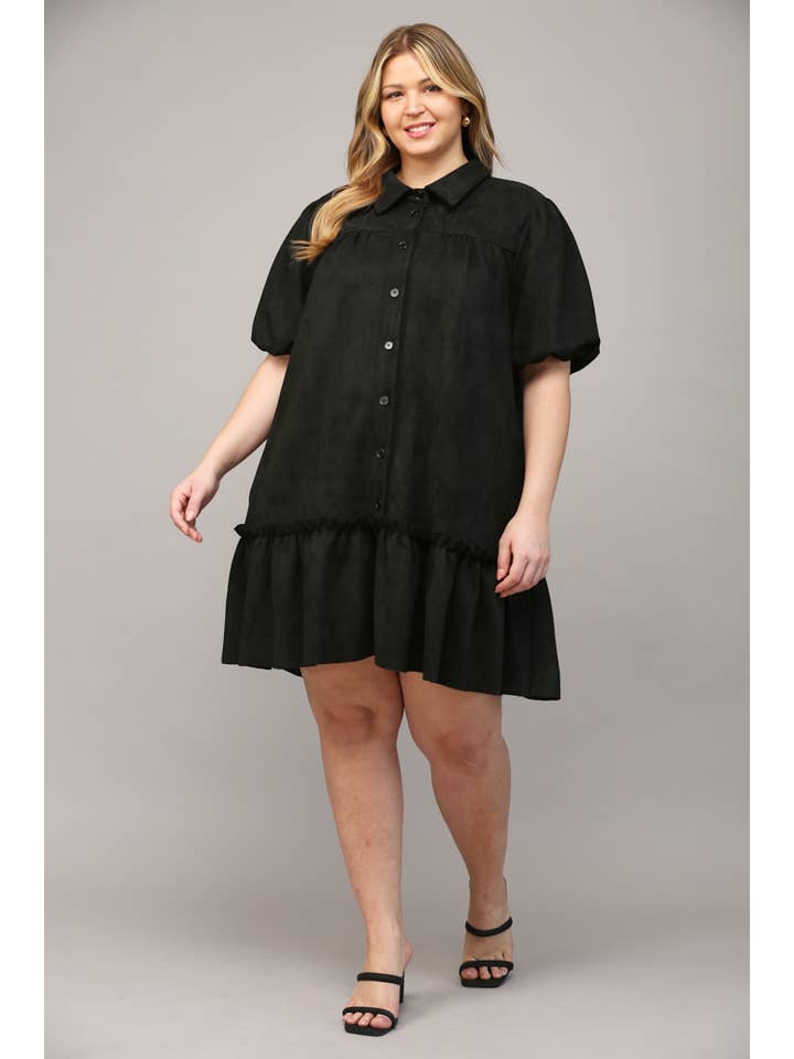 Black FAUX SUEDE BUTTON FRONT SHORT PUFF SLV DRESS FD33007P for wholesale on Faire