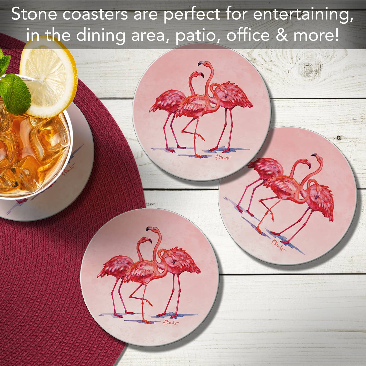 CounterArt/Highland Home/Thirstystone – wholesale Underlägg – ”Hilo Flamingos” 4-pack runda absorberande stenunderlägg1