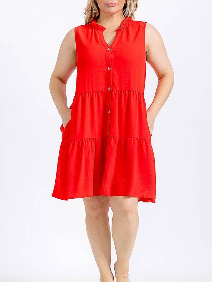 Vestido mini túnica sin mangas con bolsillos delanteros y volantes para venta al por mayor de ROUSSEAU