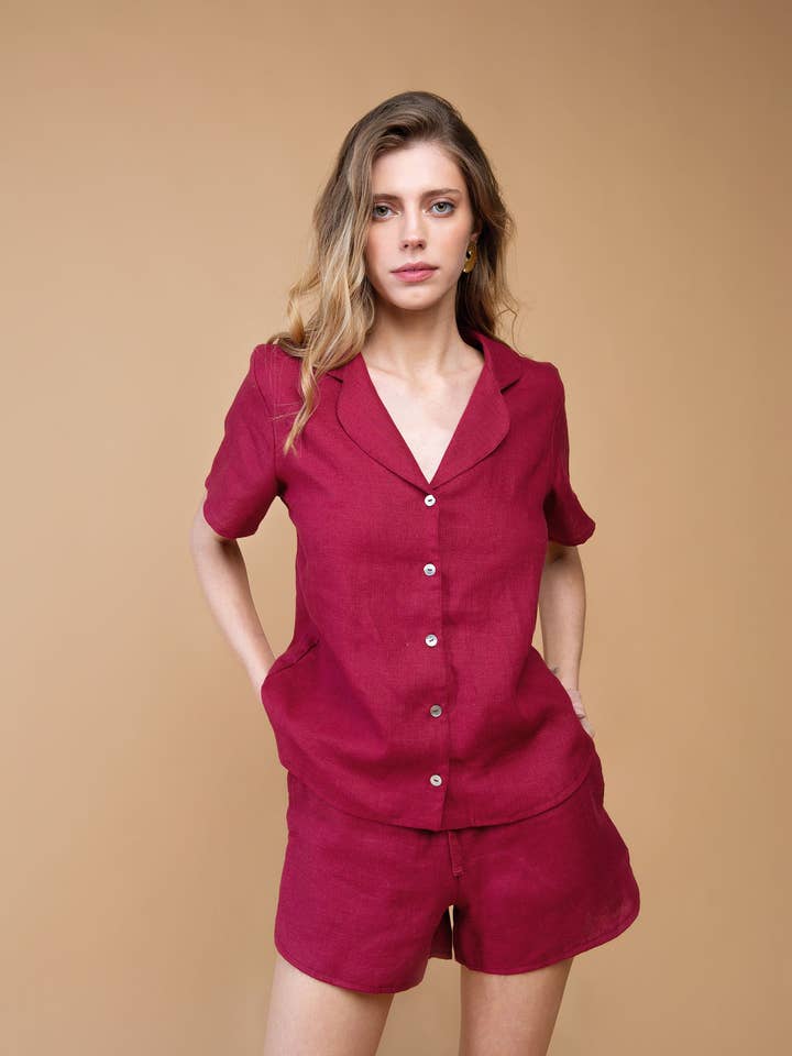 Linen Burgundy Pajama Set for wholesale by Nich Linen